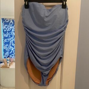 J.Crew factory strapless, hydrangea, blue bathing suit with ruching. Size 12.